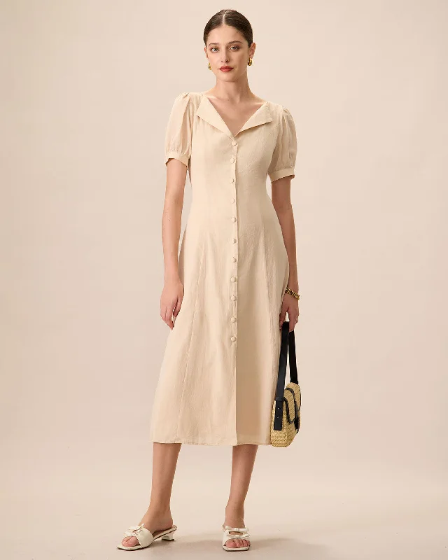 Sleeveless midi dresses with lace details for summer weddingsWomen's Apricot Puff Sleeve Cotton Midi Dress Sleeveless midi dresses with lace details for summer weddingsWomen's Apricot Puff Sleeve Cotton Midi Dress