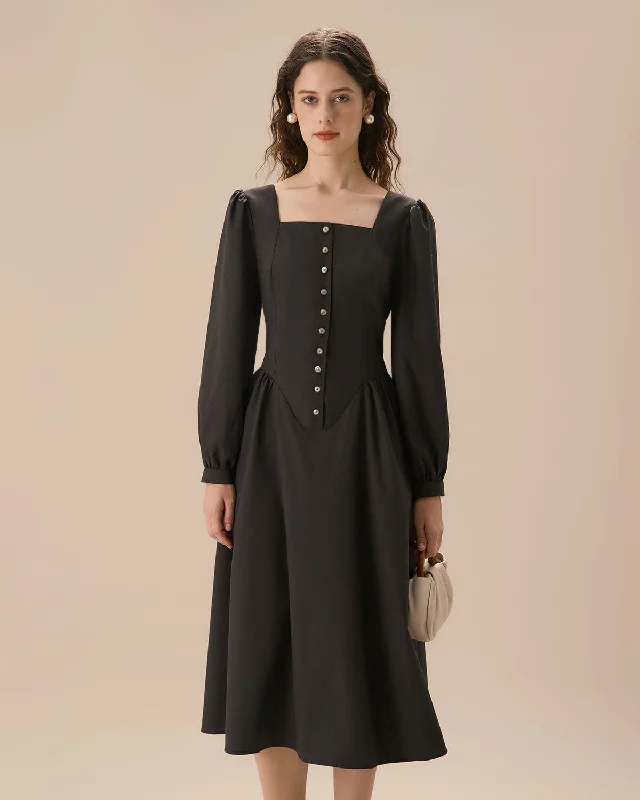Midi dresses with ruched sleeves for a more fitted and stylish arm lookBlack Square Neck Puffed Sleeve Midi Dress Midi dresses with ruched sleeves for a more fitted and stylish arm lookBlack Square Neck Puffed Sleeve Midi Dress