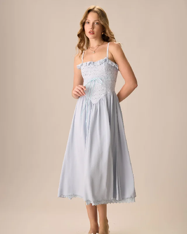 Midi dresses with fringe details for a fun and energetic styleWomen's Blue Embroidery Cotton Slip Midi Dress Midi dresses with fringe details for a fun and energetic styleWomen's Blue Embroidery Cotton Slip Midi Dress