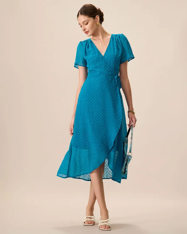 Midi dresses with ruffled bodices for a more pronounced feminine lookWomen's Blue V-Neck Wrap Midi Dress