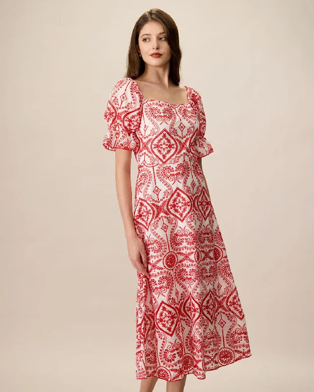 Velvet midi dresses in jewel tones for a glamorous winter eventWomen's Geometric Embroidery Ruffle Cotton Midi Dress