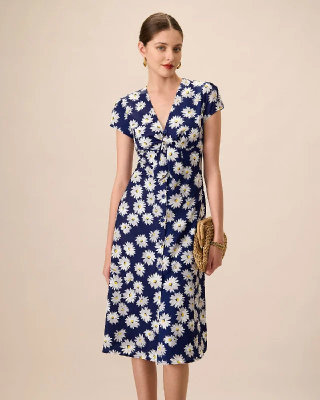 Midi dresses with side slits for a sexy and elegant appearanceWomen's Navy Button-Up Floral Midi Dresses