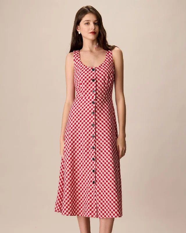 Midi dresses with denim fabric for a casual yet stylish day outWomen's Red U-Neck Plaid Midi Dress