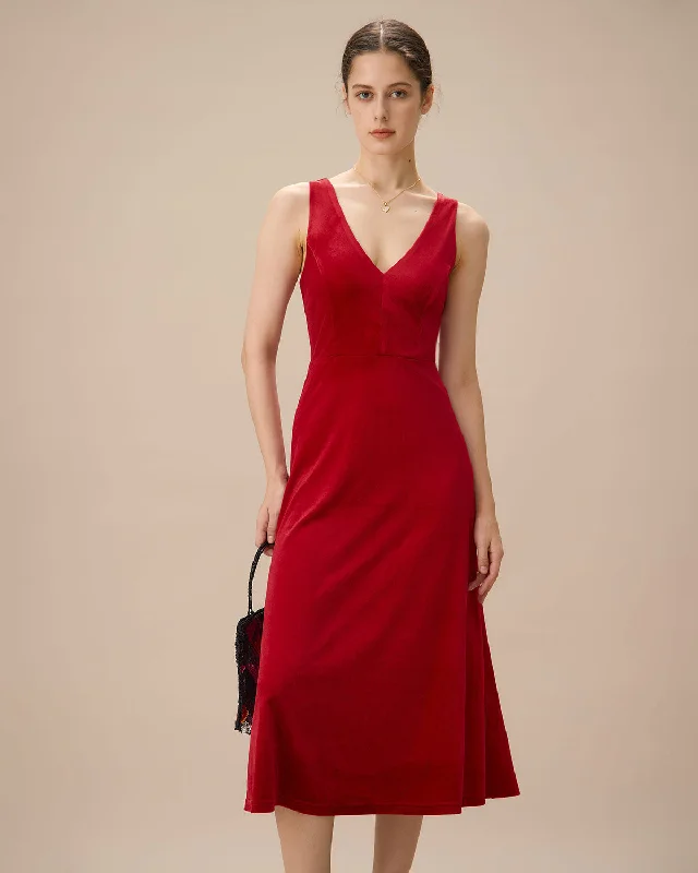 Midi dresses with belted waists to accentuate the figureRed Velvet V Neck Backless Midi Dress Midi dresses with belted waists to accentuate the figureRed Velvet V Neck Backless Midi Dress