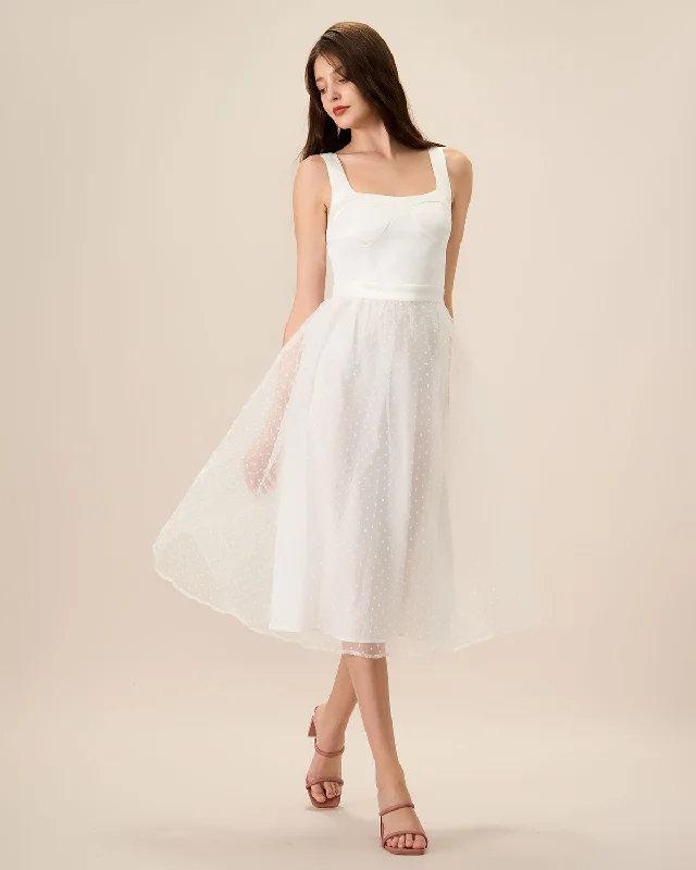 Midi dresses with bow accents for a sweet and charming lookWomen's White See-Through Splicing Midi Dress