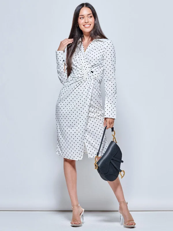 Midi dresses with ribbed textures for a unique and tactile appearanceWrap Front Buckle Detail Shirt Dress, White Polka Dot