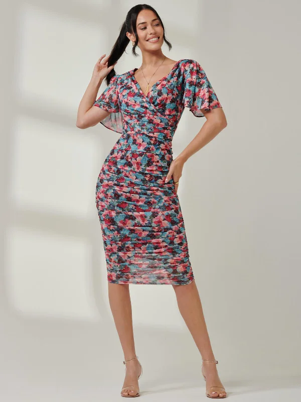 Midi dresses with satin - finish fabrics for a luxurious feelWrap Front Mesh Bodycon Dress, Teal Multi