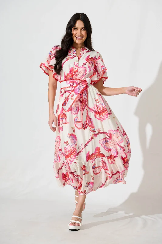 Midi dresses with puff sleeves for a vintage - inspired lookYuki Midi Dress in White with Pink Floral