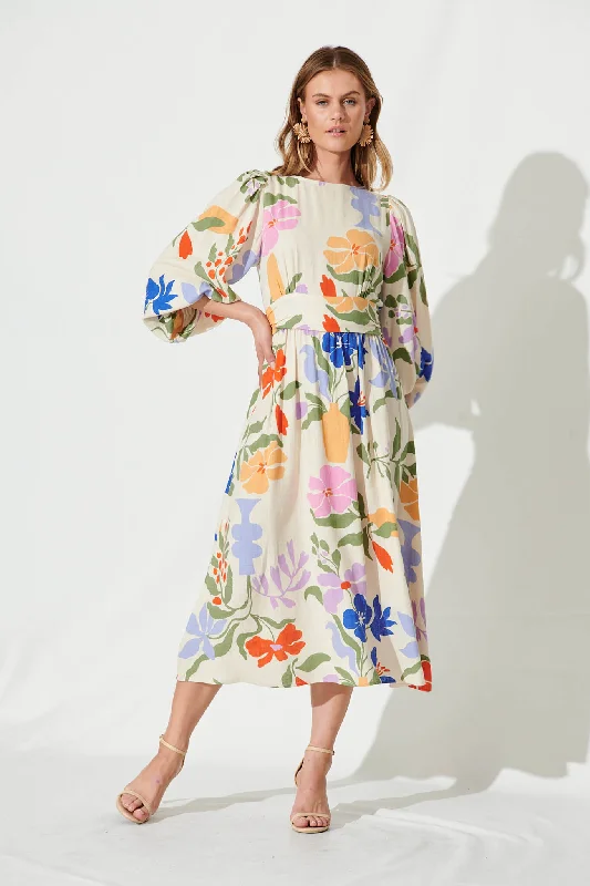 Midi dresses with animal prints for a bold and confident appearanceZoe Midi Dress In Beige With Multi Floral Linen Blend