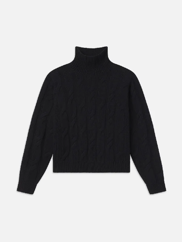 Denim Top with a Peplum Hem for a Flirty and Feminine LookCable Knit Turtleneck -- Black Denim Top with a Peplum Hem for a Flirty and Feminine LookCable Knit Turtleneck -- Black