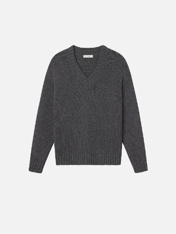 Embroidered women jeans with intricate patternsChunky V-Neck Sweater -- Charcoal Heather