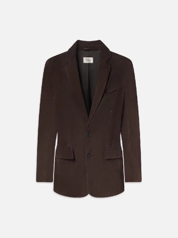 Denim Top with a Metallic Accent for a Shiny LookGrandfather Suede Blazer -- Chocolate Brown Denim Top with a Metallic Accent for a Shiny LookGrandfather Suede Blazer -- Chocolate Brown