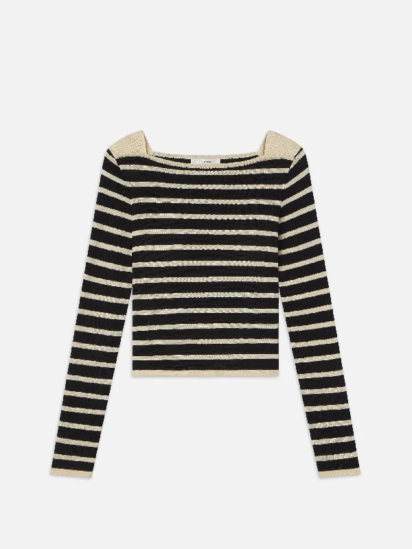 Denim Top with a Floral Print for a Feminine TouchStriped Boatneck Sweater -- Black Multi Denim Top with a Floral Print for a Feminine TouchStriped Boatneck Sweater -- Black Multi