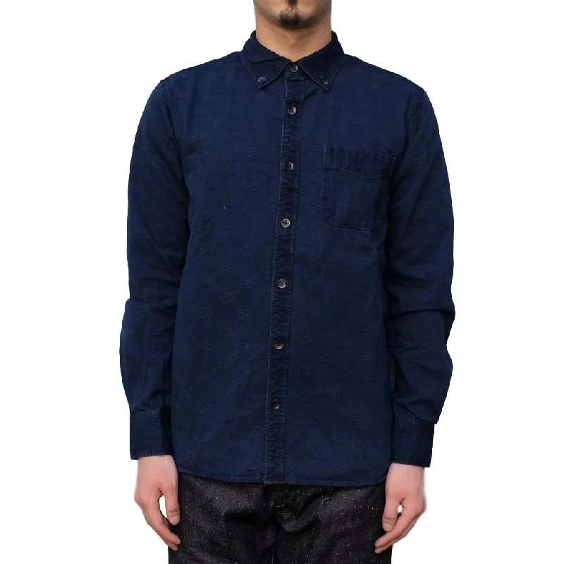 Ripped women jeans for a rebellious and fashion - forward styleOD+MJ Indigo Dyed Jacquard Crest Shirt