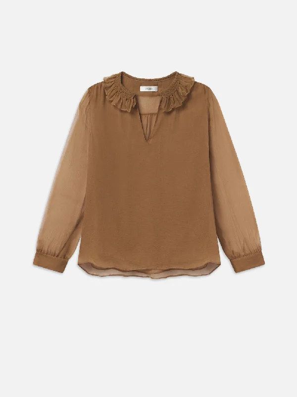 Button - fly women jeans with a traditional touchShirred Ruffle Neck Blouse -- Camel