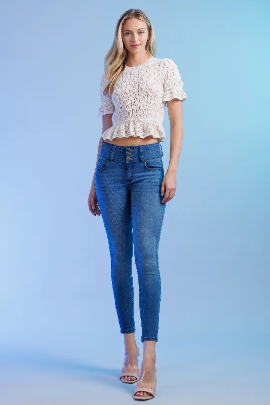 Fringed Denim Top with a Bohemian FlairPush Up Ankle Skinny Jeans