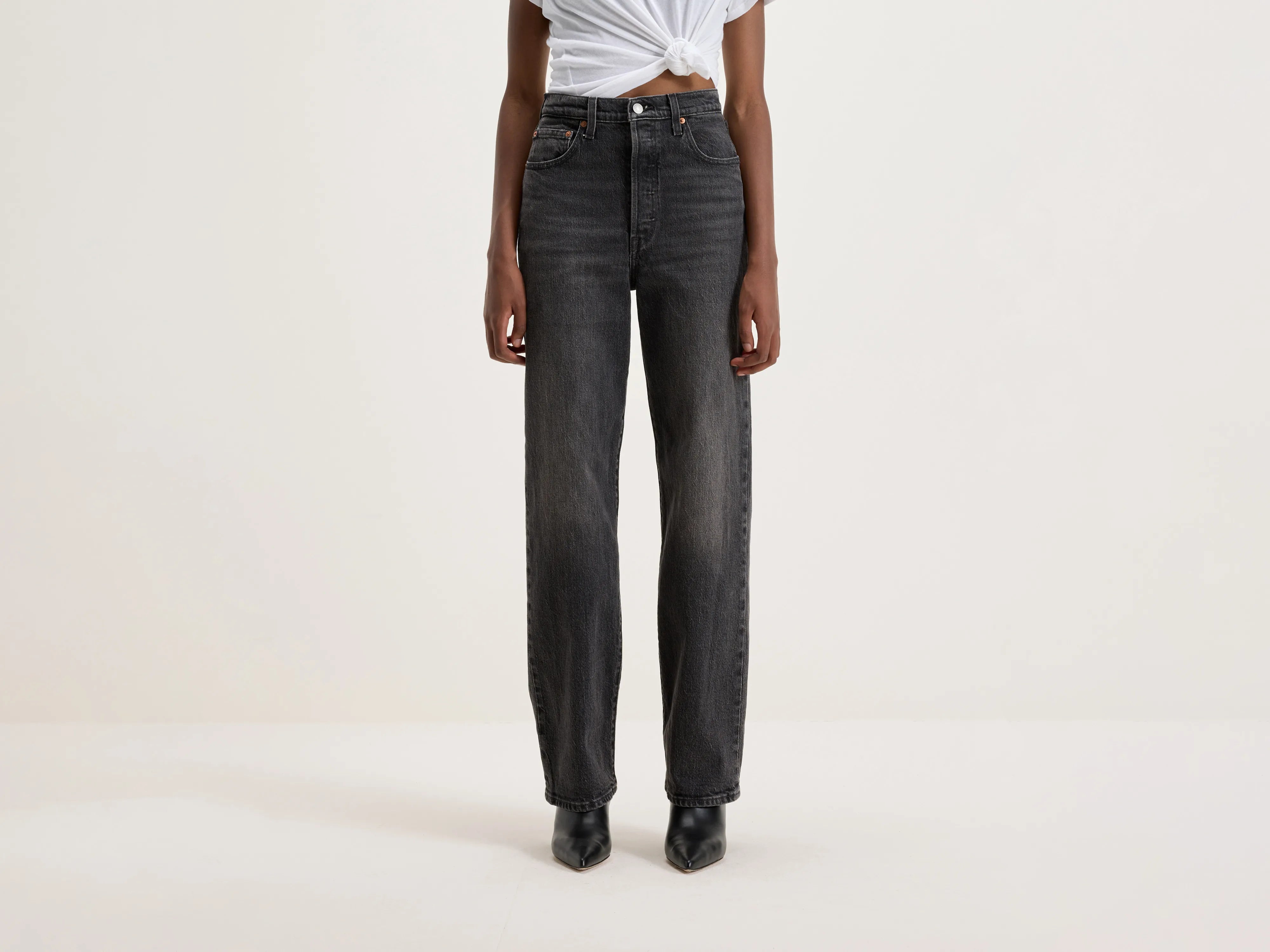 Fringed Denim Top with a Bohemian FlairRibcage Full-Length Jeans (242 / W / GREY)