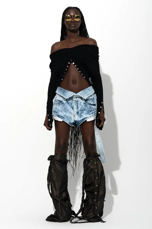 Women's pants for theme park visits Mom jeans for a nostalgic and casual look ACID WASH DENIM FOLDING WAISTBAND SHORTS