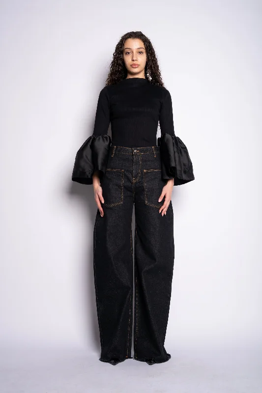 Women's pants with thermal lining Wide - leg women jeans for a modern and relaxed vibe BLACK DENIM PATCH POCKET BOYFRIEND JEANS Women's pants with thermal lining Wide - leg women jeans for a modern and relaxed vibe BLACK DENIM PATCH POCKET BOYFRIEND JEANS