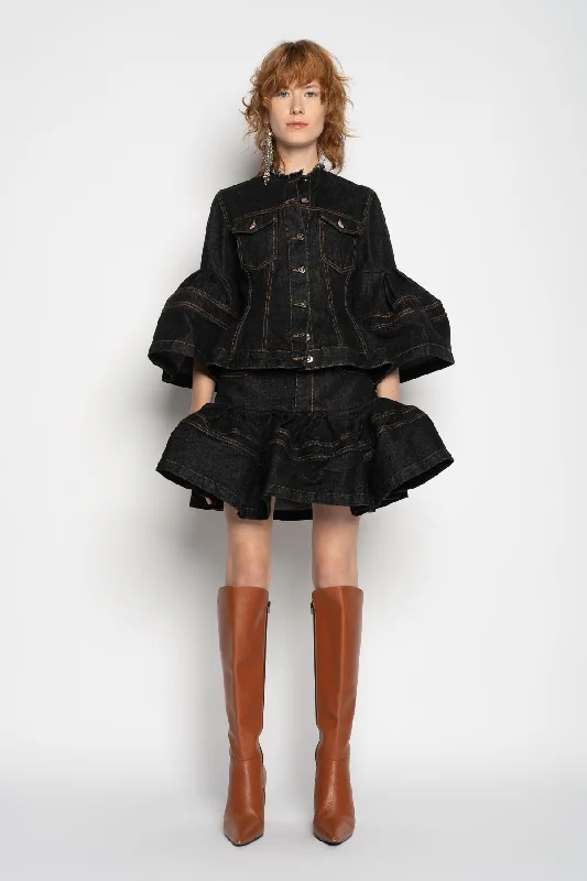 Women's long - sleeve jumpsuit pants Straight - leg women jeans with a classic and timeless appeal BLACK DENIM SHORT SKIRT WITH FLOUNCE Women's long - sleeve jumpsuit pants Straight - leg women jeans with a classic and timeless appeal BLACK DENIM SHORT SKIRT WITH FLOUNCE