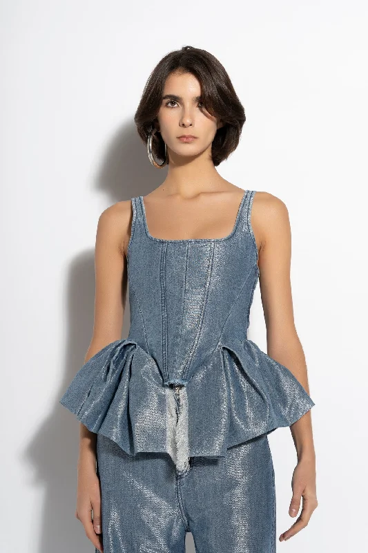 Women's pants with reflective strips Acid - wash women jeans with a retro finish BLUE LUREX FITTED CORSET