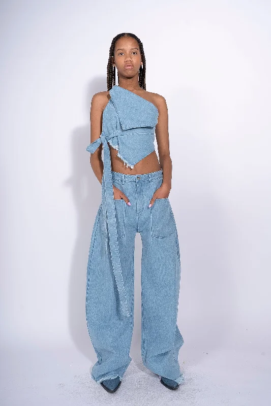 Women's sleeveless romper pants Colored women jeans in vibrant hues like red and yellow BLUE DENIM PATCH POCKET BOYFRIEND TROUSERS
