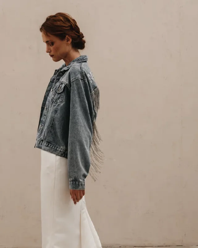 Women's junior - sized denim pants Distressed women jeans for a trendy and edgy look Heirloom Bridal Rhinestone Fringe Denim Jacket