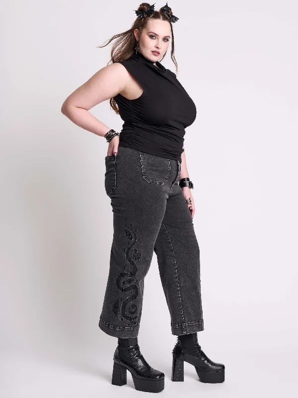 Women's recycled - material workout pants Wide - leg women jeans for a modern and relaxed vibe Distressed Embroidered Jeans