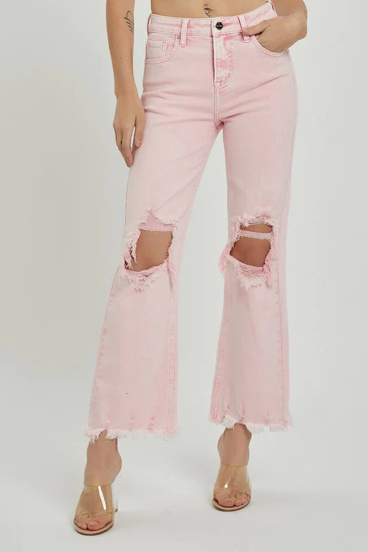 Women's polyester workout pants Button - fly women jeans with a traditional touch Distressed Straight Leg Acid Pink Jeans