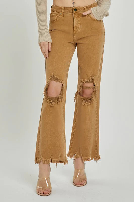 Women's velvet party pants Embellished women jeans with studs or rhinestones for a glamorous touch Distressed Straight Leg Mocha Jeans