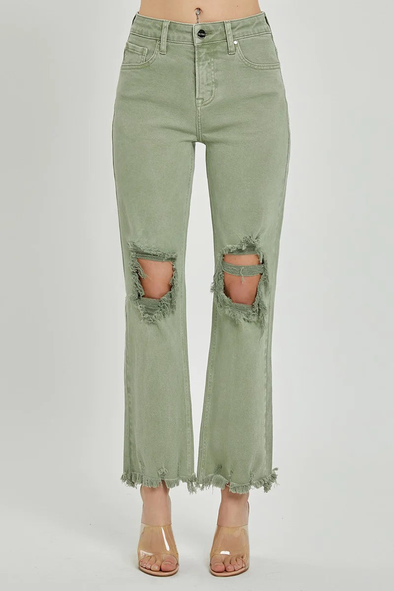 Women's pants for family gatherings Embroidered women jeans with intricate patterns Distressed Straight Leg Olive Jeans