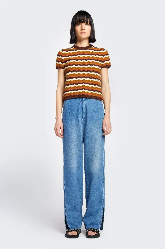 Women's senior - friendly lounge pants Embroidered women jeans with intricate patterns Ellipse Hem Split Pant Mid Blue