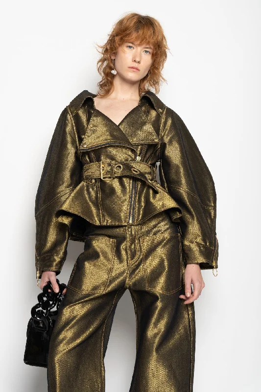 Women's sleeveless romper pants Colored women jeans in vibrant hues like red and yellow GOLD DENIM POINTY JACKET Women's sleeveless romper pants Colored women jeans in vibrant hues like red and yellow GOLD DENIM POINTY JACKET