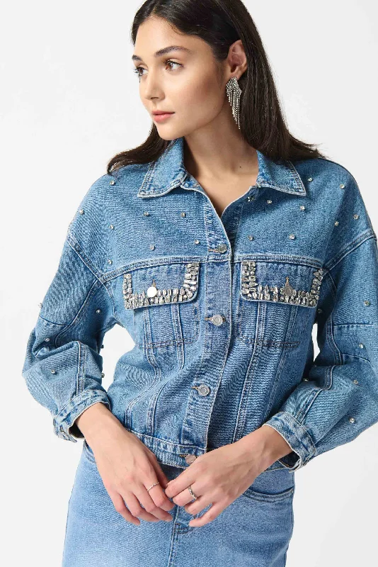 Women's cotton jogger pants Acid - wash women jeans with a retro finish Joseph Ribkoff - 242917 Embellished Denim Jacket