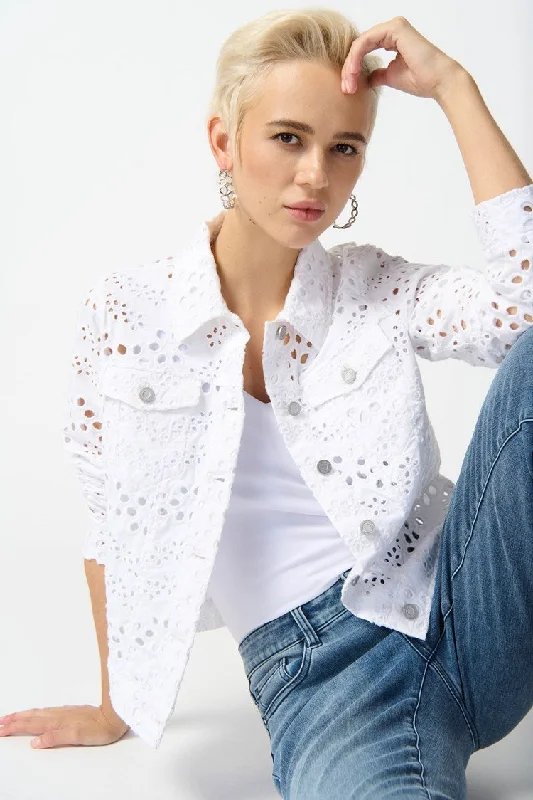 Women's pants for garden parties Colored women jeans in vibrant hues like red and yellow Joseph Ribkoff - 242918 Broderie Denim Jacket