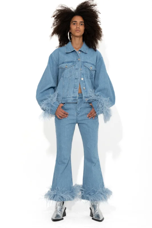 Women's corduroy fall pants Dark - wash women jeans for a sophisticated and slimming effect LIGHT BLUE FEATHER CUFF JACKET Women's corduroy fall pants Dark - wash women jeans for a sophisticated and slimming effect LIGHT BLUE FEATHER CUFF JACKET