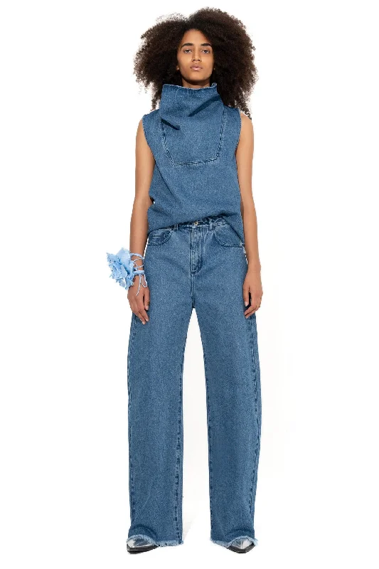 Women's pocket - equipped casual pants Button - fly women jeans with a traditional touch MID BLUE COWL NECK TOP Women's pocket - equipped casual pants Button - fly women jeans with a traditional touch MID BLUE COWL NECK TOP