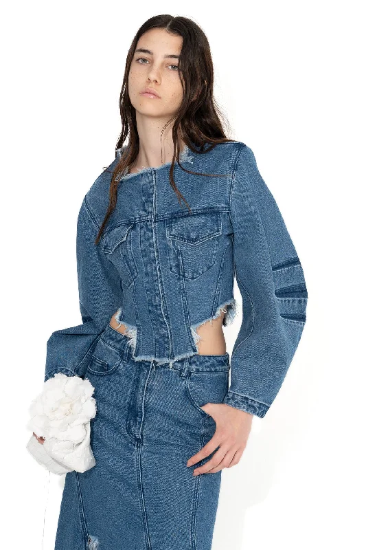 Women's pants for music festivals Ripped women jeans for a rebellious and fashion - forward style MID BLUE ROUND SLEEVE CROPPED JACKET Women's pants for music festivals Ripped women jeans for a rebellious and fashion - forward style MID BLUE ROUND SLEEVE CROPPED JACKET