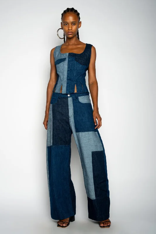 Women's cotton jogger pants Acid - wash women jeans with a retro finish MIXED DENIM BOYFRIEND TROUSERS