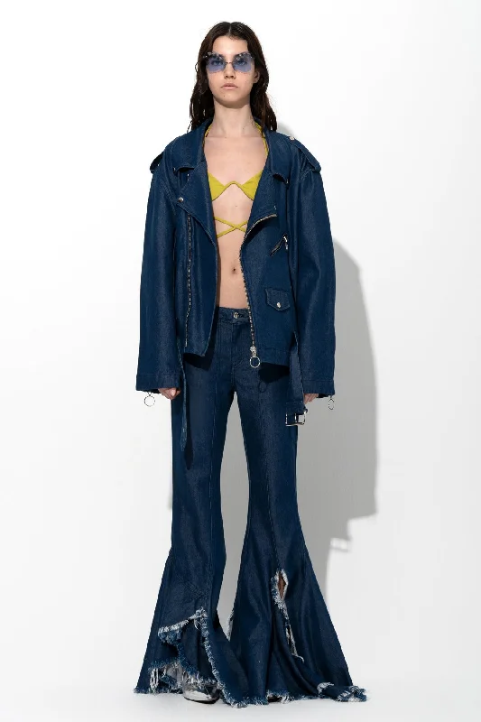 Women's leather moto pants Wide - leg women jeans for a modern and relaxed vibe NAVY DENIM BIKER JACKET Women's leather moto pants Wide - leg women jeans for a modern and relaxed vibe NAVY DENIM BIKER JACKET