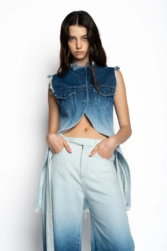 Women's two - piece pant set Ripped women jeans for a rebellious and fashion - forward style OMBRE DENIM BLUE PUSHED-BACK VEST Women's two - piece pant set Ripped women jeans for a rebellious and fashion - forward style OMBRE DENIM BLUE PUSHED-BACK VEST