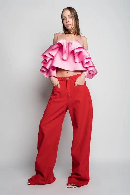 Women's pants for family gatherings Embroidered women jeans with intricate patterns RED BOYFRIEND TROUSERS Women's pants for family gatherings Embroidered women jeans with intricate patterns RED BOYFRIEND TROUSERS