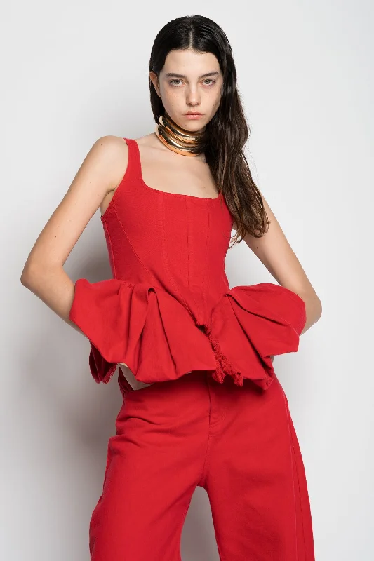 Women's pants with hidden pockets Embellished women jeans with studs or rhinestones for a glamorous touch RED CORSET WITH PLEATED HIP PANELS Women's pants with hidden pockets Embellished women jeans with studs or rhinestones for a glamorous touch RED CORSET WITH PLEATED HIP PANELS