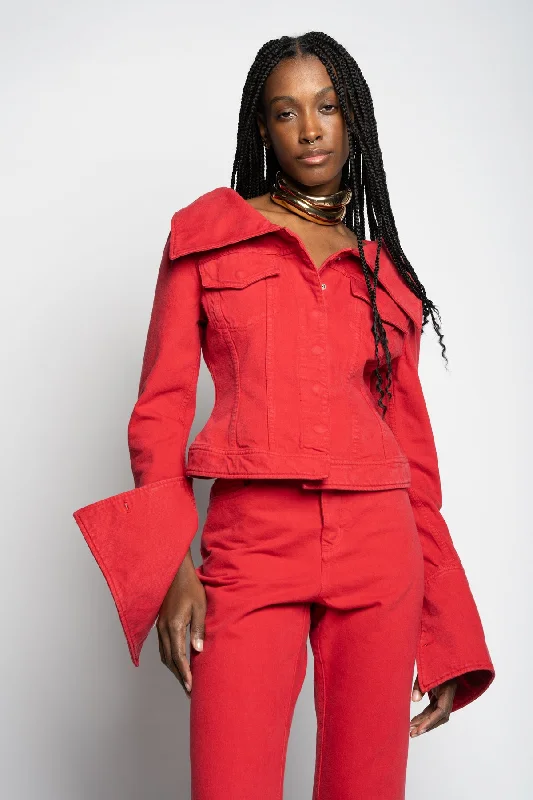 Women's linen summer pants High - rise flare women jeans for a 70s - inspired look RED OFF-SHOULDER COLLAR JACKET Women's linen summer pants High - rise flare women jeans for a 70s - inspired look RED OFF-SHOULDER COLLAR JACKET