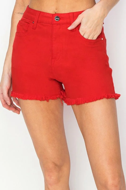 Women's cargo hiking pants Embroidered women jeans with intricate patterns Fiesta Red Denim Frayed Shorts