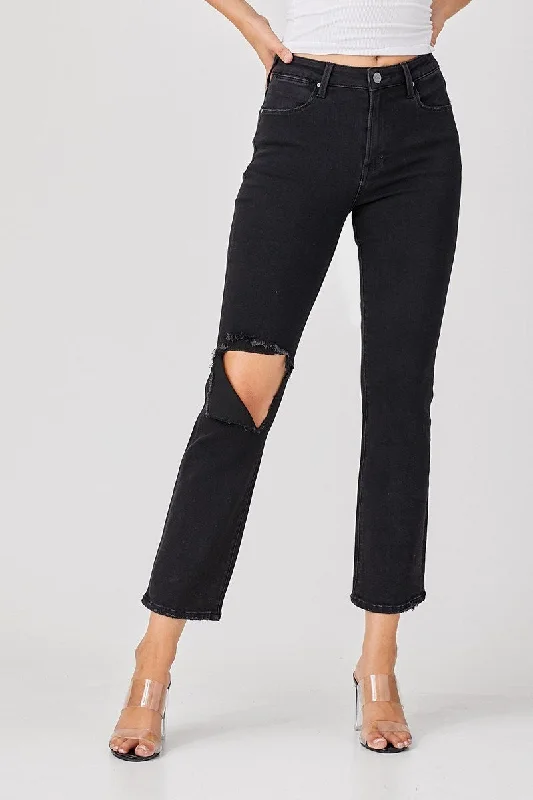 Women's elastic - waist lounge pants Acid - wash women jeans with a retro finish Relaxed Distressed Black Denim Jeans