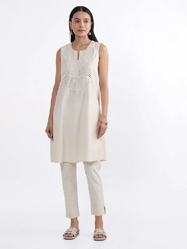 Women's summer - weight linen pants High - waisted women jeans for a flattering silhouette Utsa Off-White Mirror Embroidered Kurta Women's summer - weight linen pants High - waisted women jeans for a flattering silhouette Utsa Off-White Mirror Embroidered Kurta