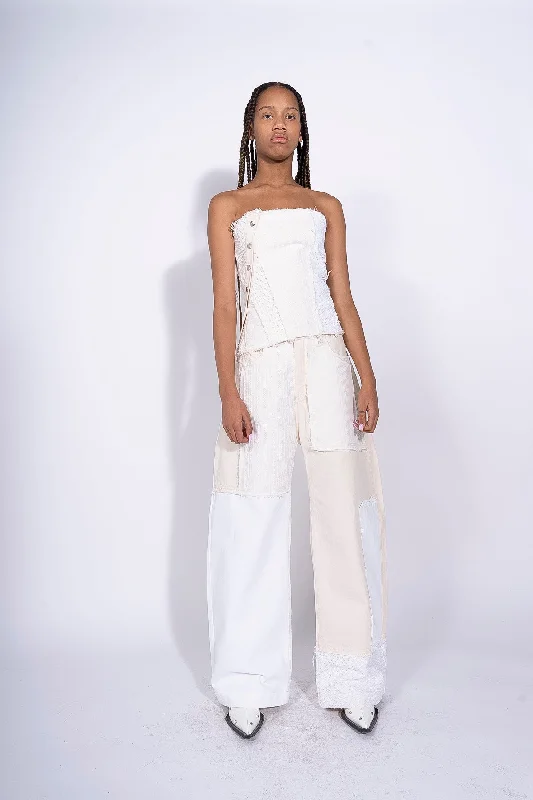 Women's straight - leg lounge pants Mom jeans for a nostalgic and casual look WHITE PATCHWORK BOYFRIEND TROUSERS Women's straight - leg lounge pants Mom jeans for a nostalgic and casual look WHITE PATCHWORK BOYFRIEND TROUSERS
