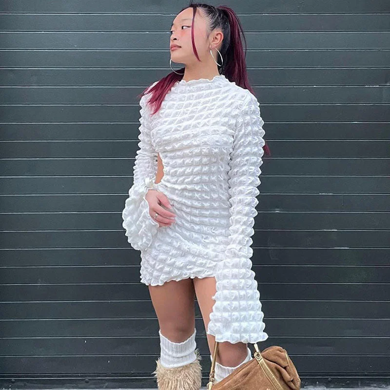 Linen mini dresses for a breathable summer optionBerryBetty - Adorable Popcorn Texture Cut Out Long Sleeve Bodycon Mini Dress - White Linen mini dresses for a breathable summer optionBerryBetty - Adorable Popcorn Texture Cut Out Long Sleeve Bodycon Mini Dress - White
