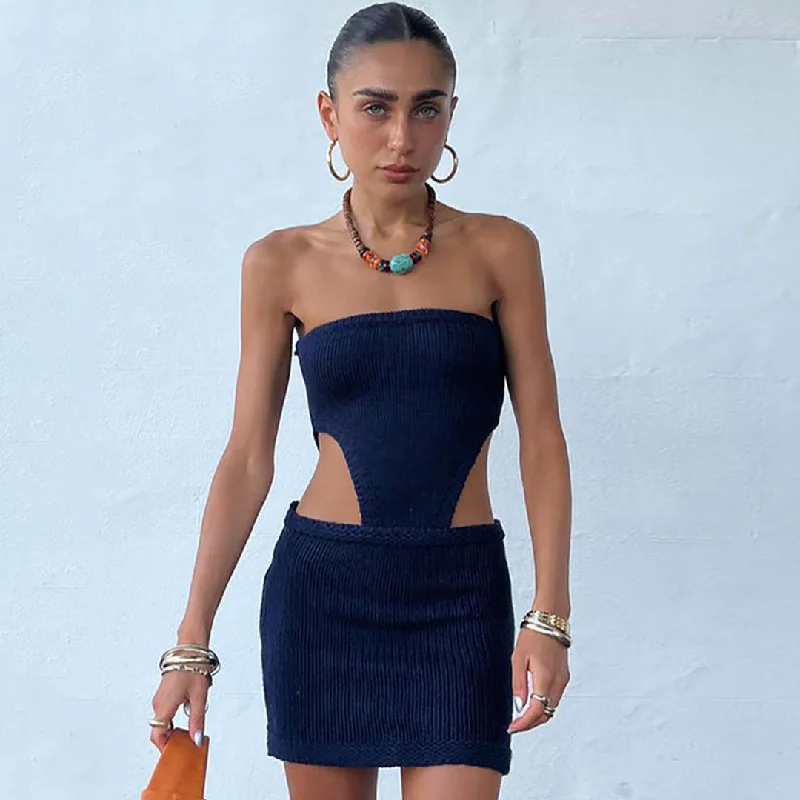 Polyester mini dresses for easy careBerryBetty - Alluring Rib Knit Cut Out Bodycon Strapless Mini Dress - Navy Blue Polyester mini dresses for easy careBerryBetty - Alluring Rib Knit Cut Out Bodycon Strapless Mini Dress - Navy Blue